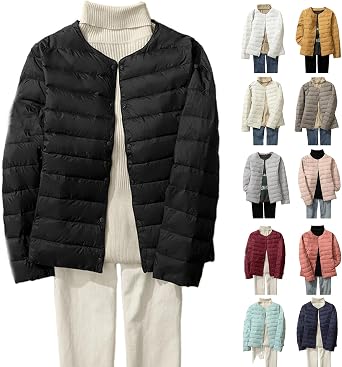 Womens Lightweight Puffer Jackets Fashion Collarless Button Down Jacket Packable Loose Winter Warm Down Coats
