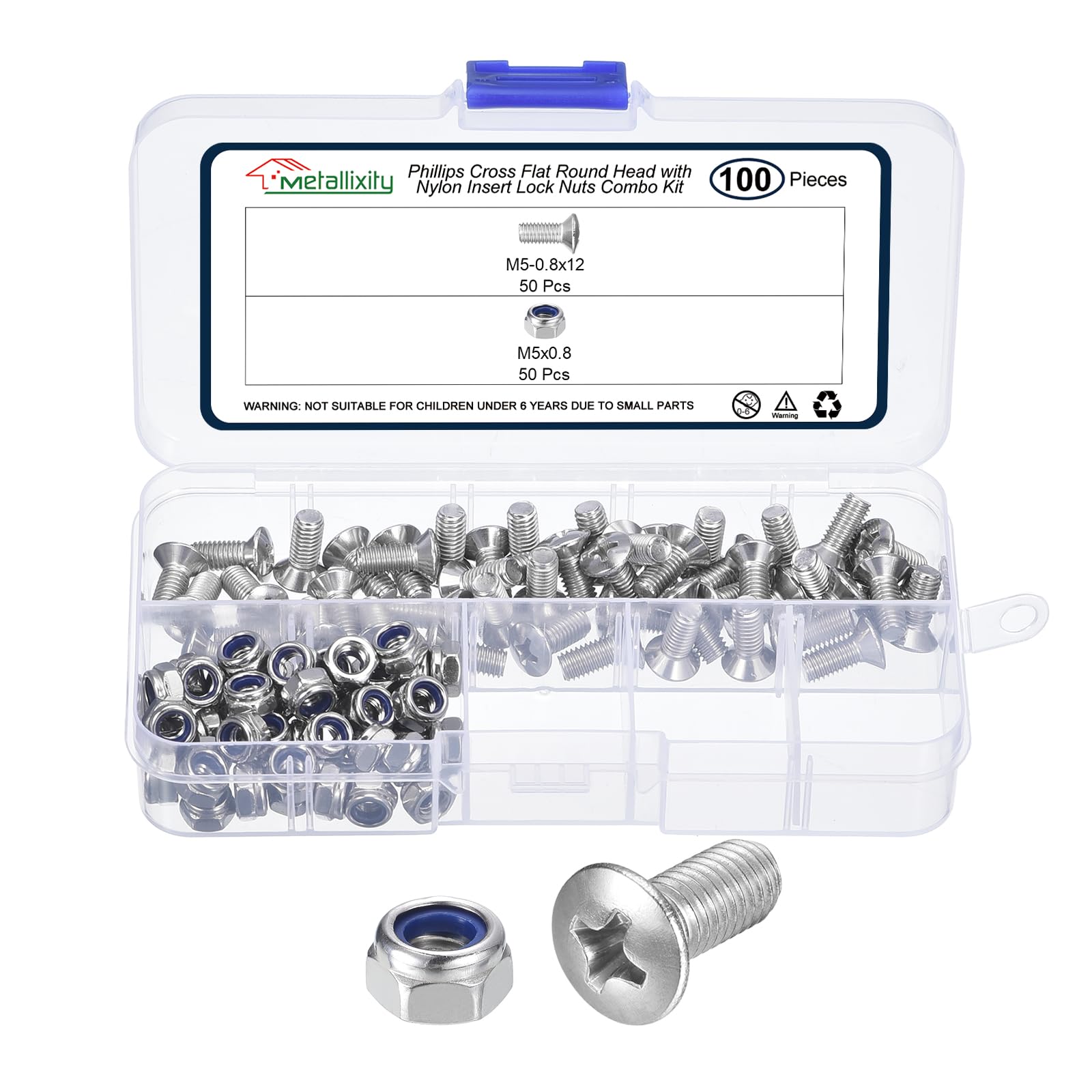 METALLIXITY Phillips Cross Flat Round Head Machine Screw with Nylon Insert Lock Nut Kit (M5-0.8x12) 100Pcs