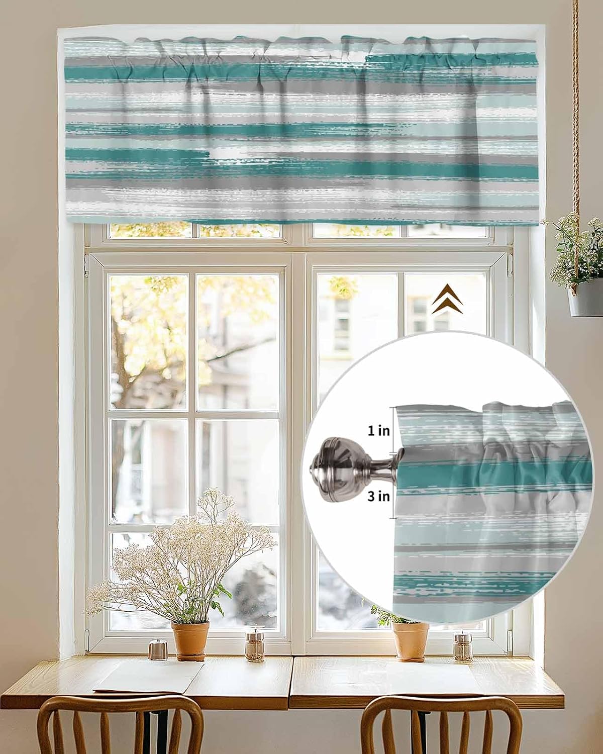 Abstract Art Curtain Valance for Windows/Living Room/Kitchen/Bathroom/Farmhouse, Contemporary Tainted Teal Grey White Painting Short Rod Pocket Tier Curtain Window Treatment, 1 Panel 42x12