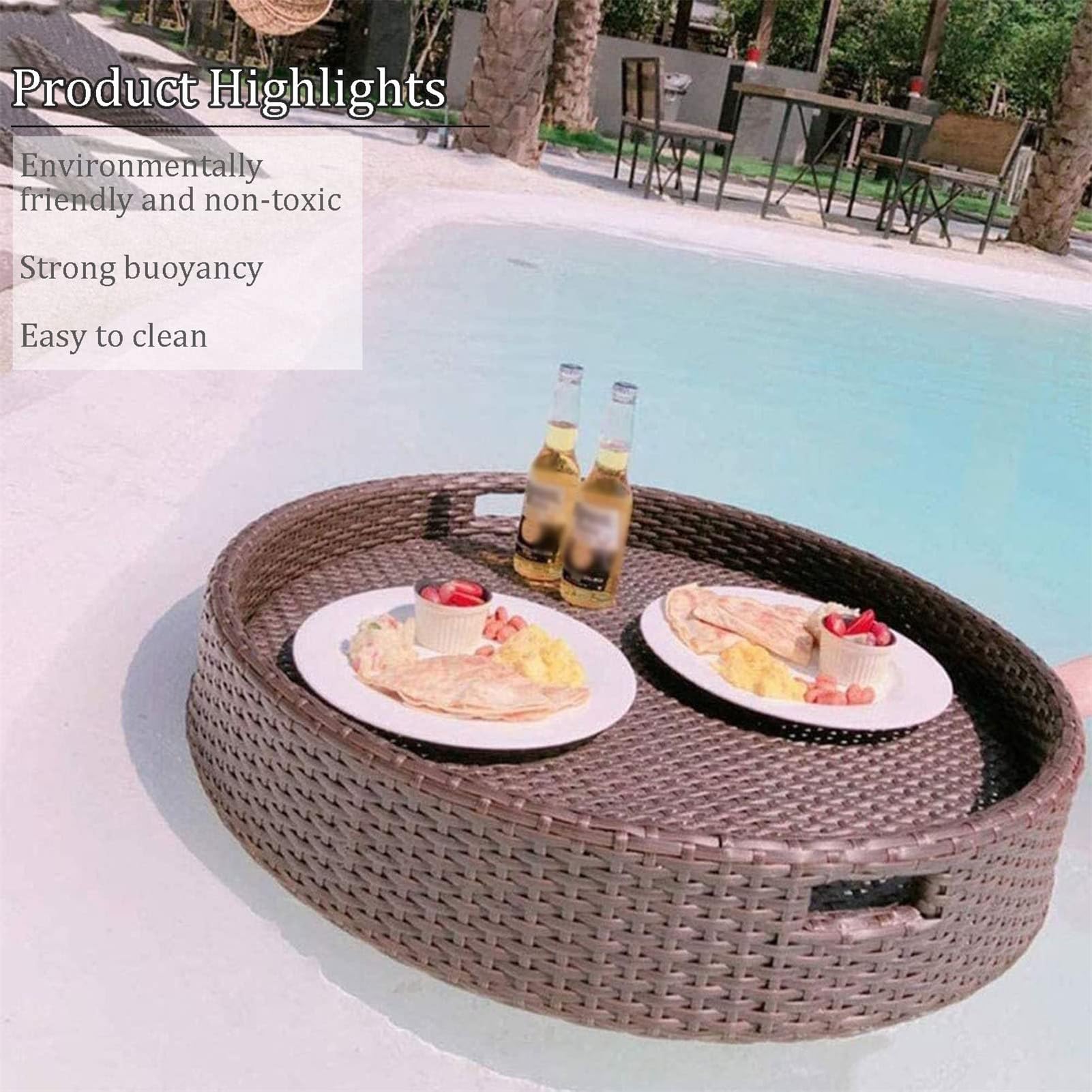 Plateau de Service Rond tissé en rotin, Plateau de Petit-déjeuner Flottant en rotin avec poignées, flotteurs de Piscine, Plateau Flottant pour Servir des Boissons à la Piscine, Brunch, Blanc