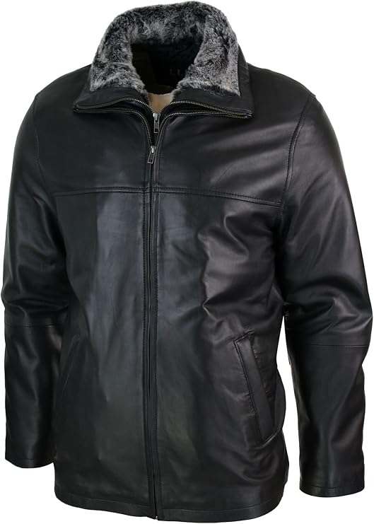 TruClothing Mens Classic Double Zip Fur Lined Genuine Soft Leather Coat Jacket Regular Fit