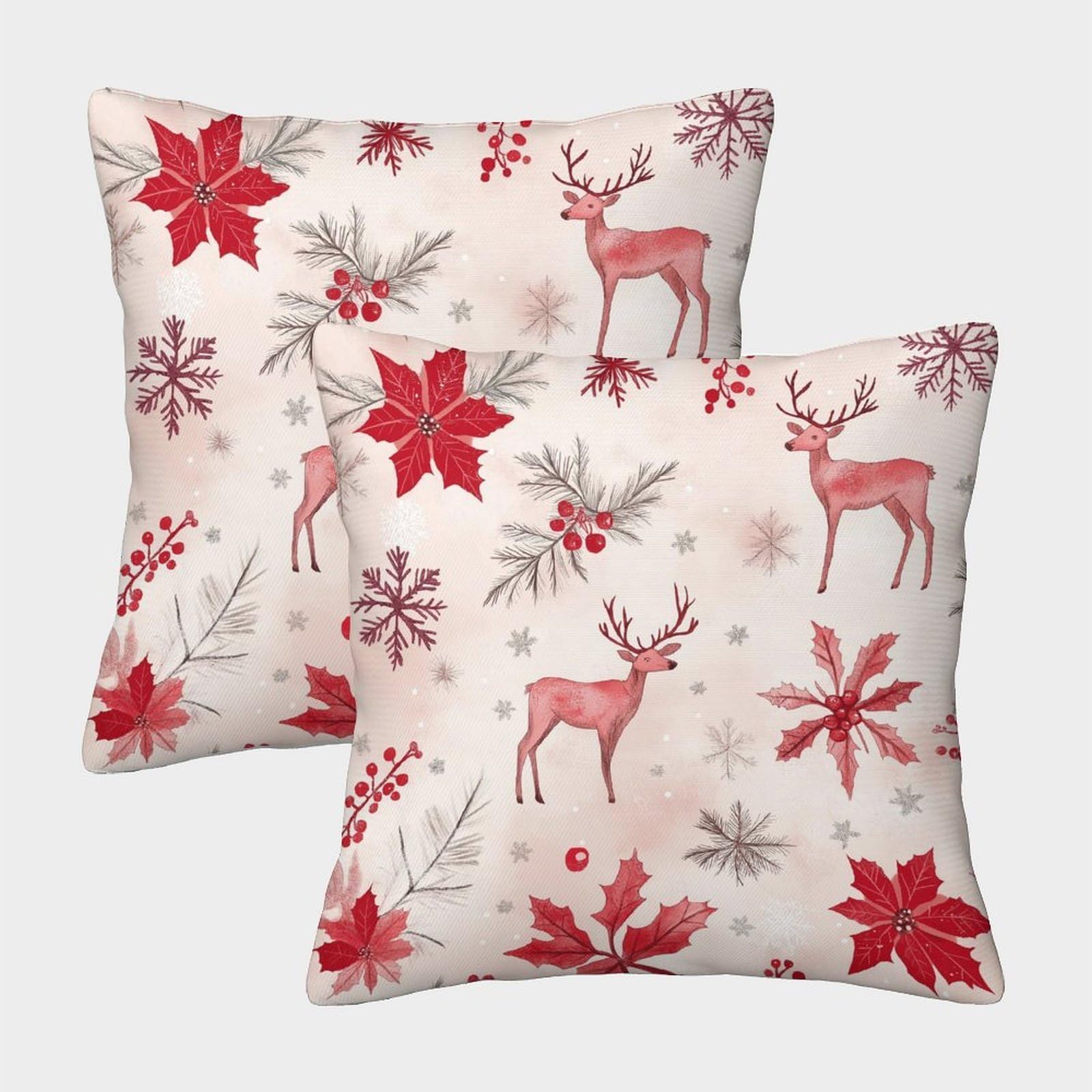 kaiyun 2 Pack Holiday Pattern - Snowflakes, Reindeer And Holy Leaves 3D Image Printed Single-sided Cushion Cover 40x40cm