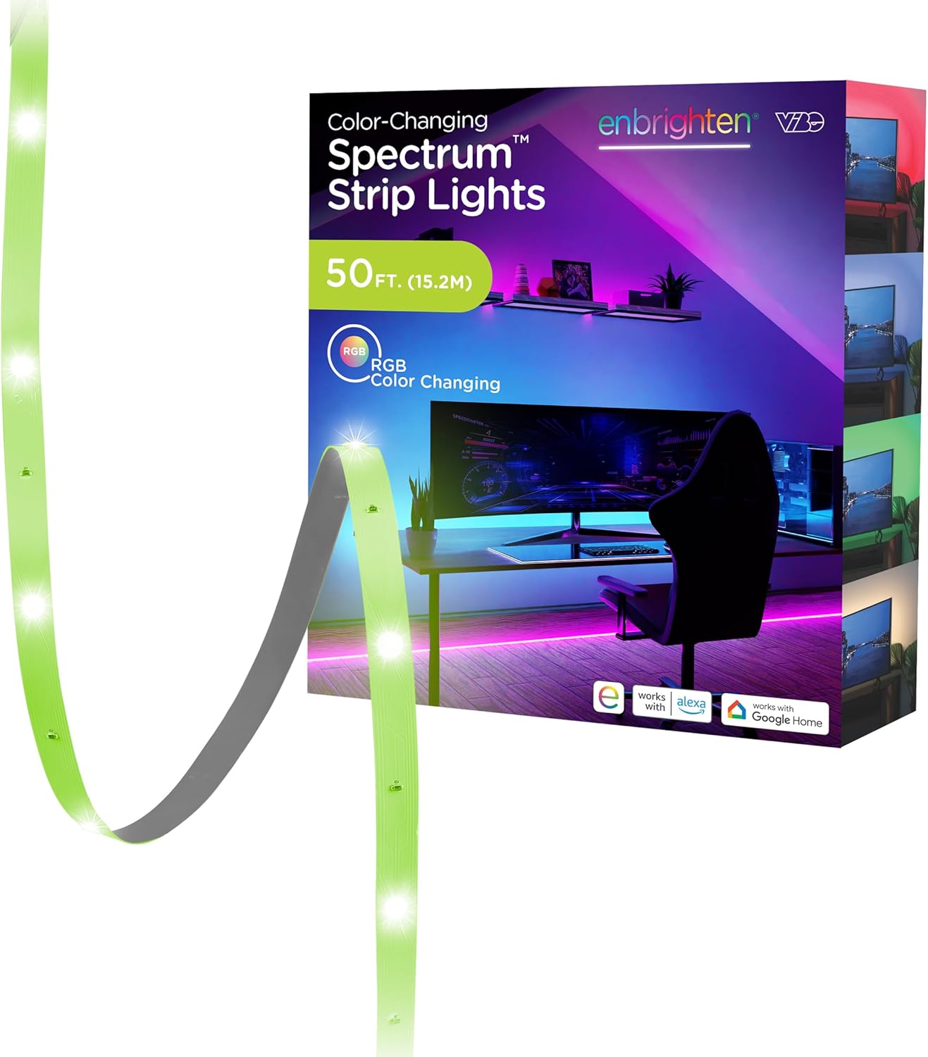 Enbrighten Vibe Spectrum Smart Indoor LED Strip Lights, Color Changing RGB Tape Light, Remote & Voice Control, Alexa & Google Home Compatible, 50ft, White 84995