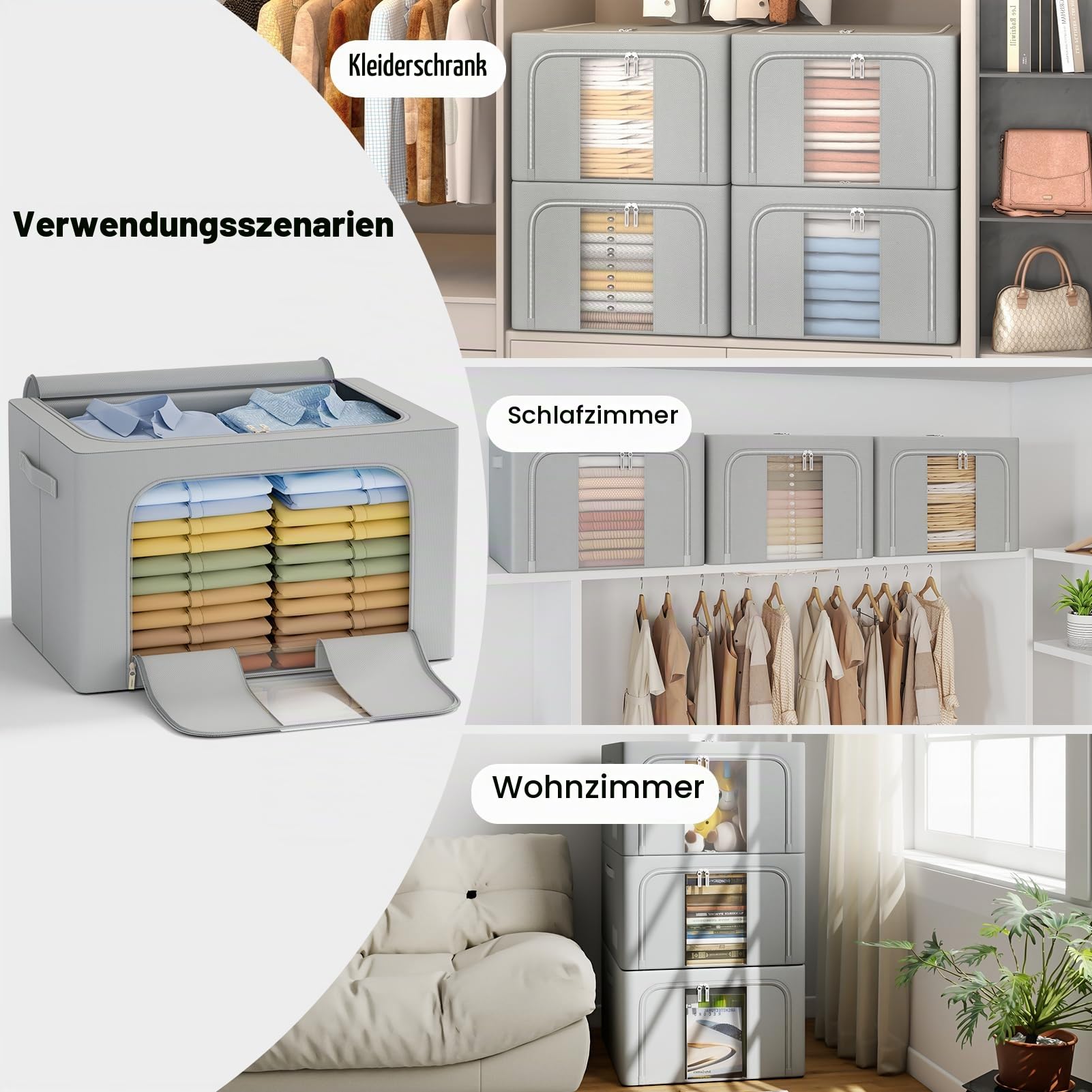 GoMaihe 66L Kleidung Aufbewahrungsbox mit Metallrahmen 3 Stück Grau | Faltbare Aufbewahrungstaschen für Kleidung, Bettwäsche und Bettdecken, stapelbar mit Reißverschluss und Sichtfenster