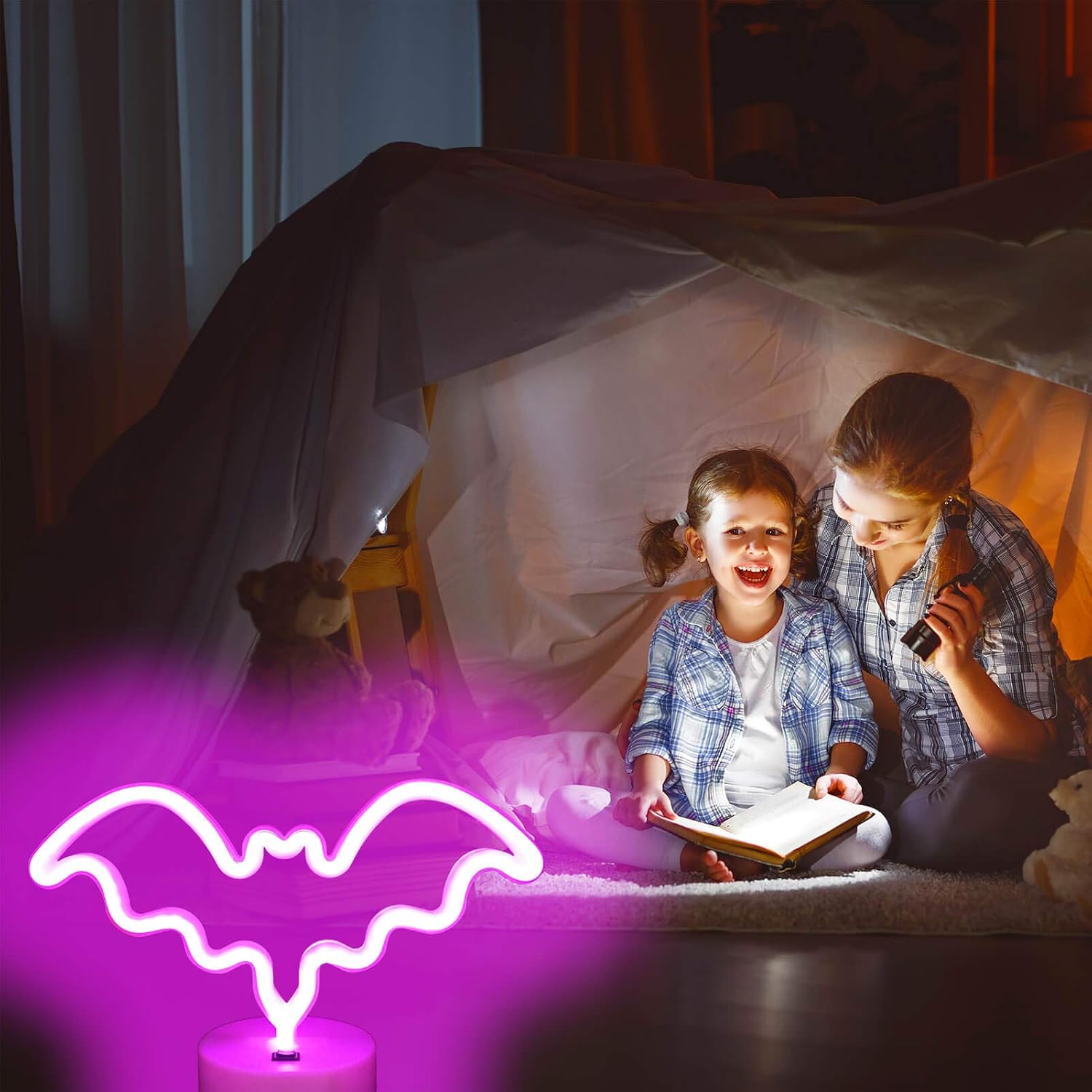 YIVIYAR Bat Neon Light Bats Decor, USB & Battery Horror Decor Halloween Decoration Neon Sign Halloween Light Neon Lights with Pedestal Dorm Decor Teen Room Decor Pink Neon Sign Pink Lights(Bat)