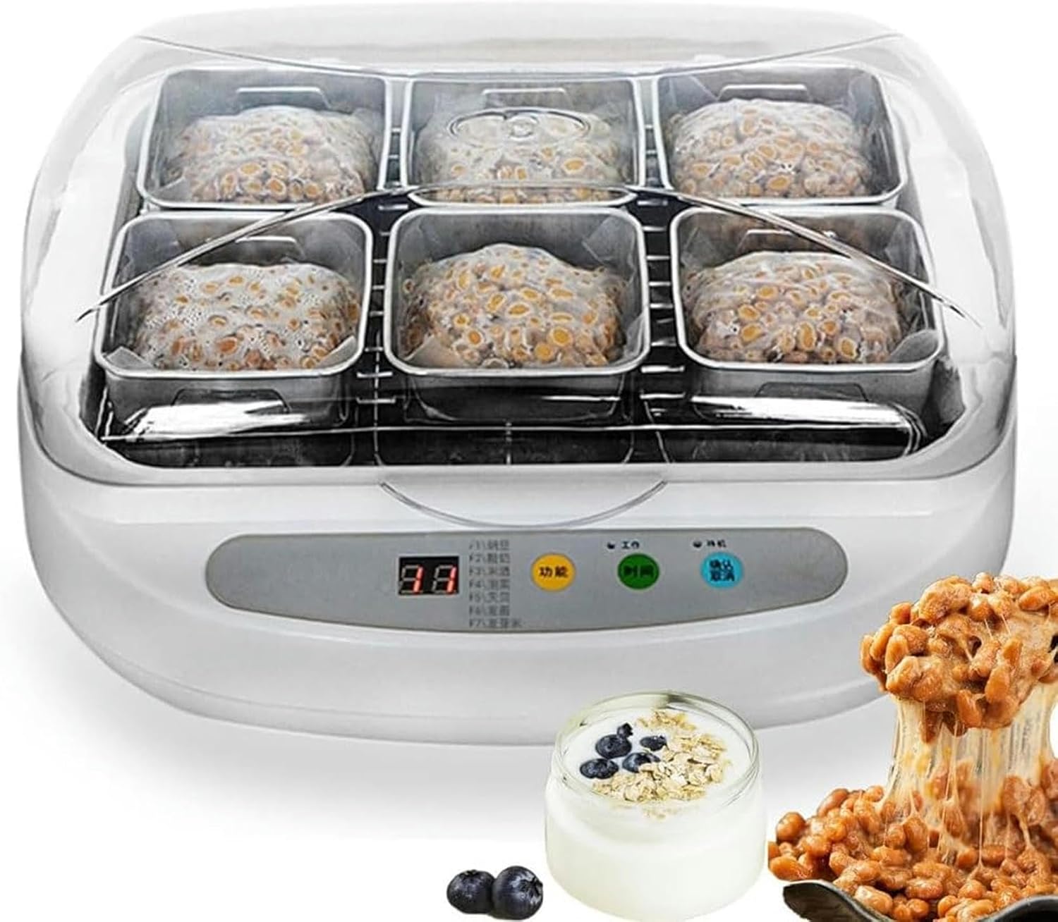 Natto Yogurt Electric Fermenter, Automatic Natto Automatic Fermentation of 3.5 L with 6 Stainless Steel Containers and 7 Modes, Smart Panel Control, for Ferment Rice Wine