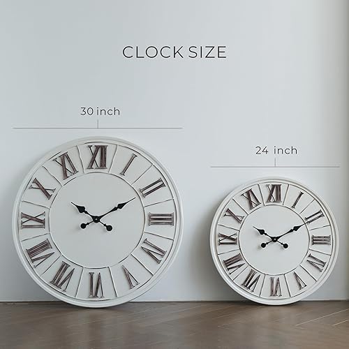Miniatura 7 de Reloj de pared grande de granja de 24 pulgadas, blanco rústico, número romano envejecido, cara de metal, funciona con pilas, reloj de pared
