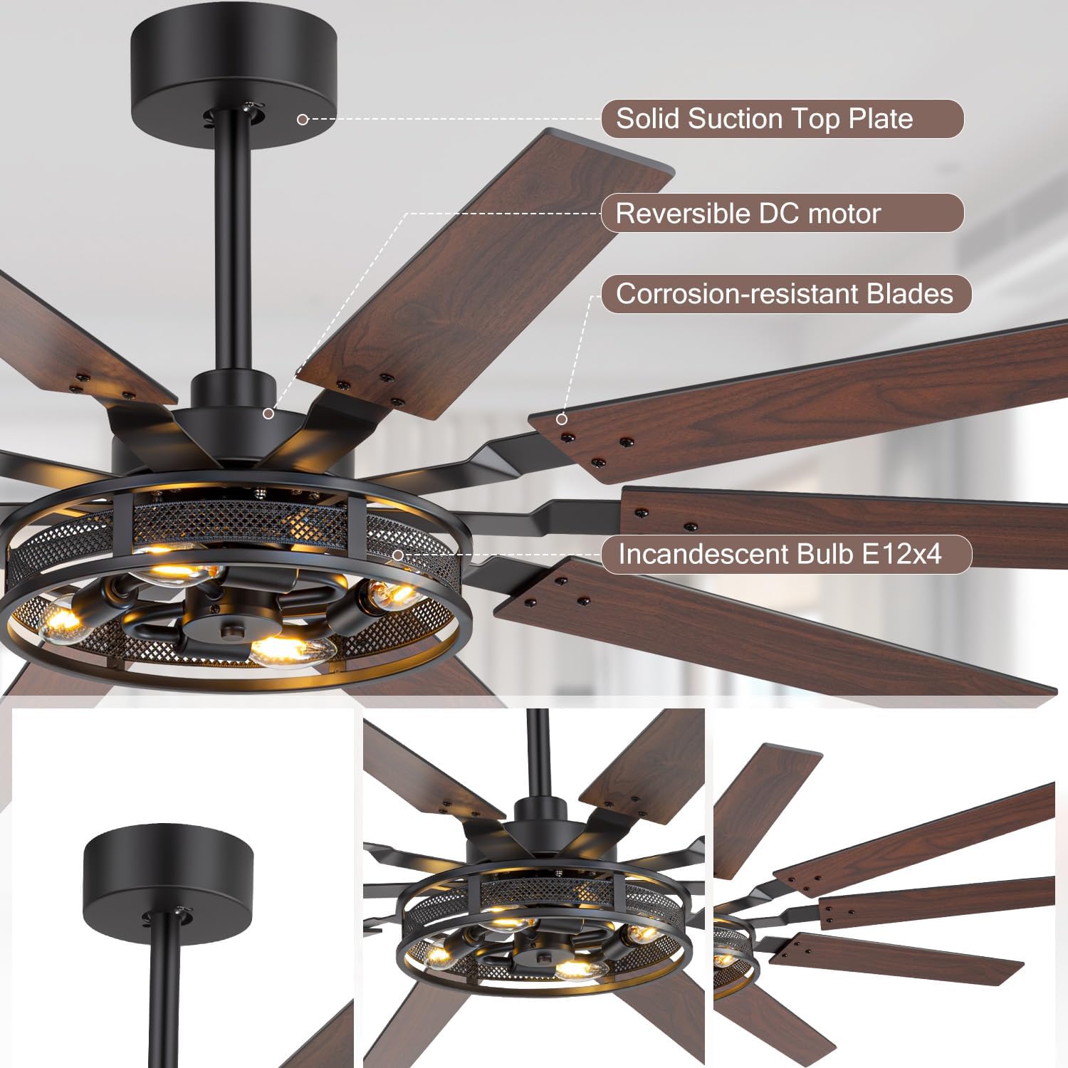 60 Inch Farmhouse Ceiling Fans with Rustic Lights, Caged Ceiling Fans with Remote, Industrial Ceiling Fan with Reversible DC Motor, Antique Flush Mount Fan with Chandelier for Living Room Bedroom