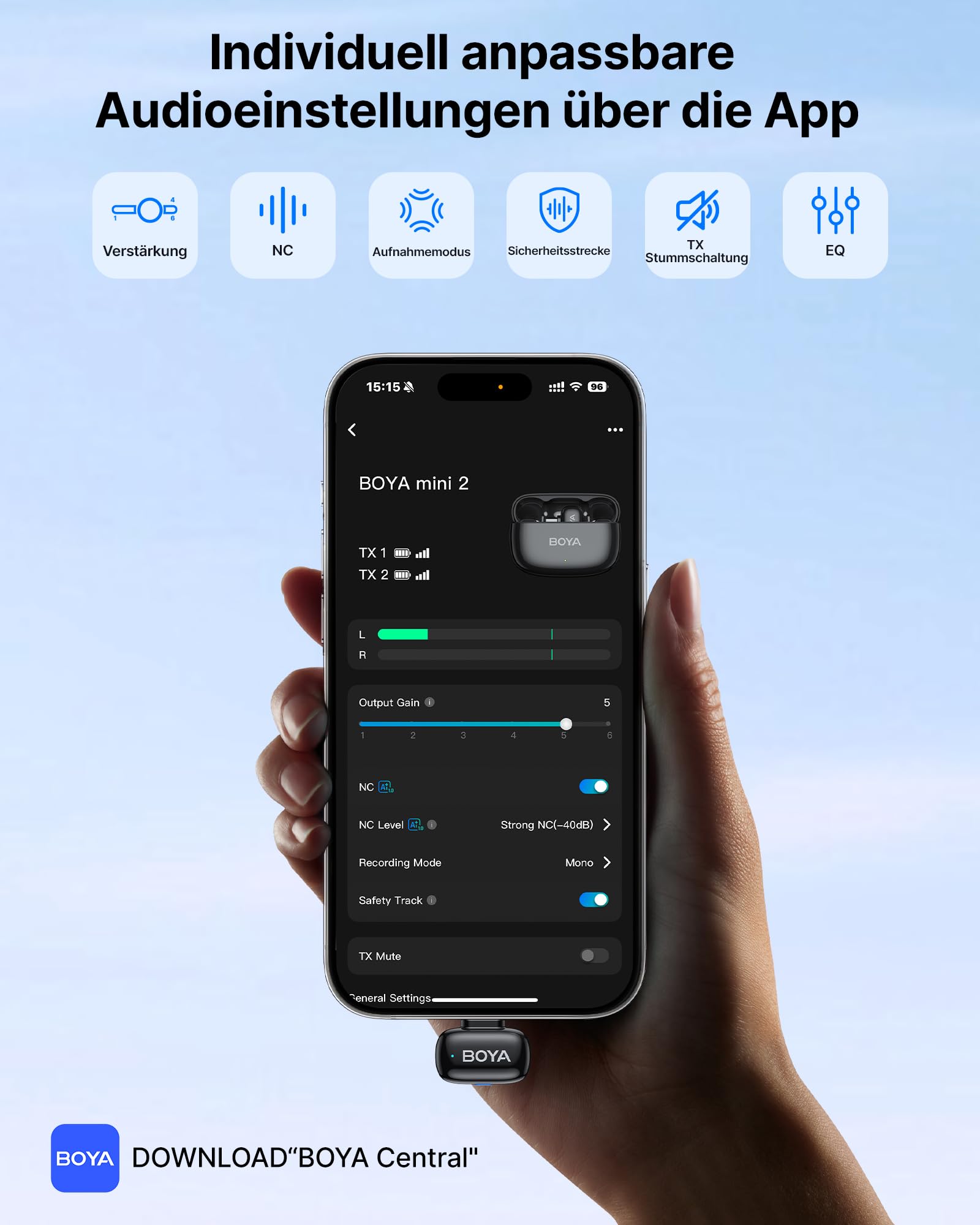 BOYA MINI 2 Kabelloses Lavalier-Mikrofon, 48kHz/24Bit, 100m, 30h, USB-C, Lightning für iPhone 7-17 Serie, Android