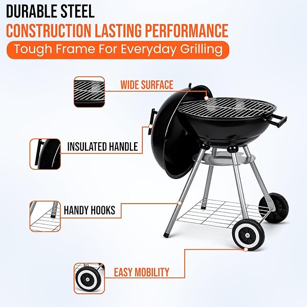 BBQ Grill Patio Portable Charcoal BBQ Kettle with Cover & Cooking Utensils Tools, heels Stand Garden Camping Caravan Outdoor Barbecue Ball Rounded Bbq on wheels Black 43.5 cm Stainless Steel - 5