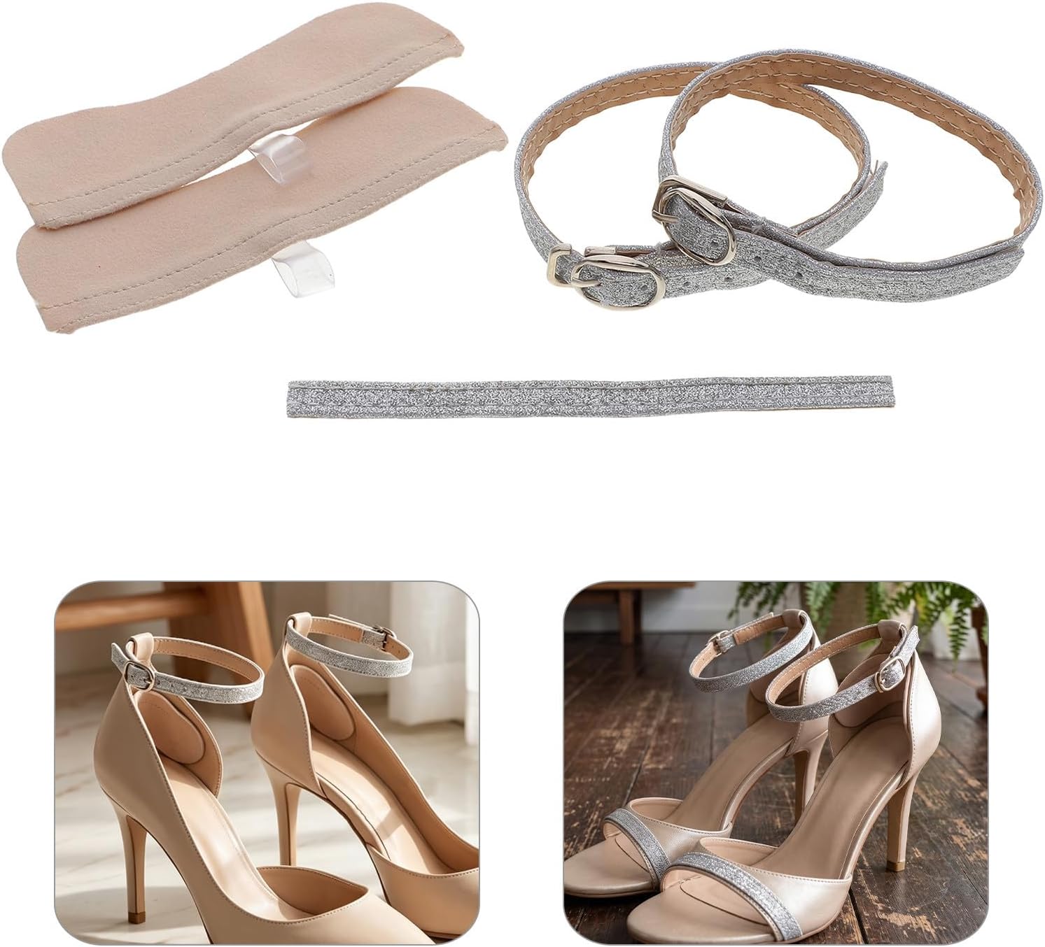 2 Pairs Adjustable High Heel Shoe Straps PU Silver