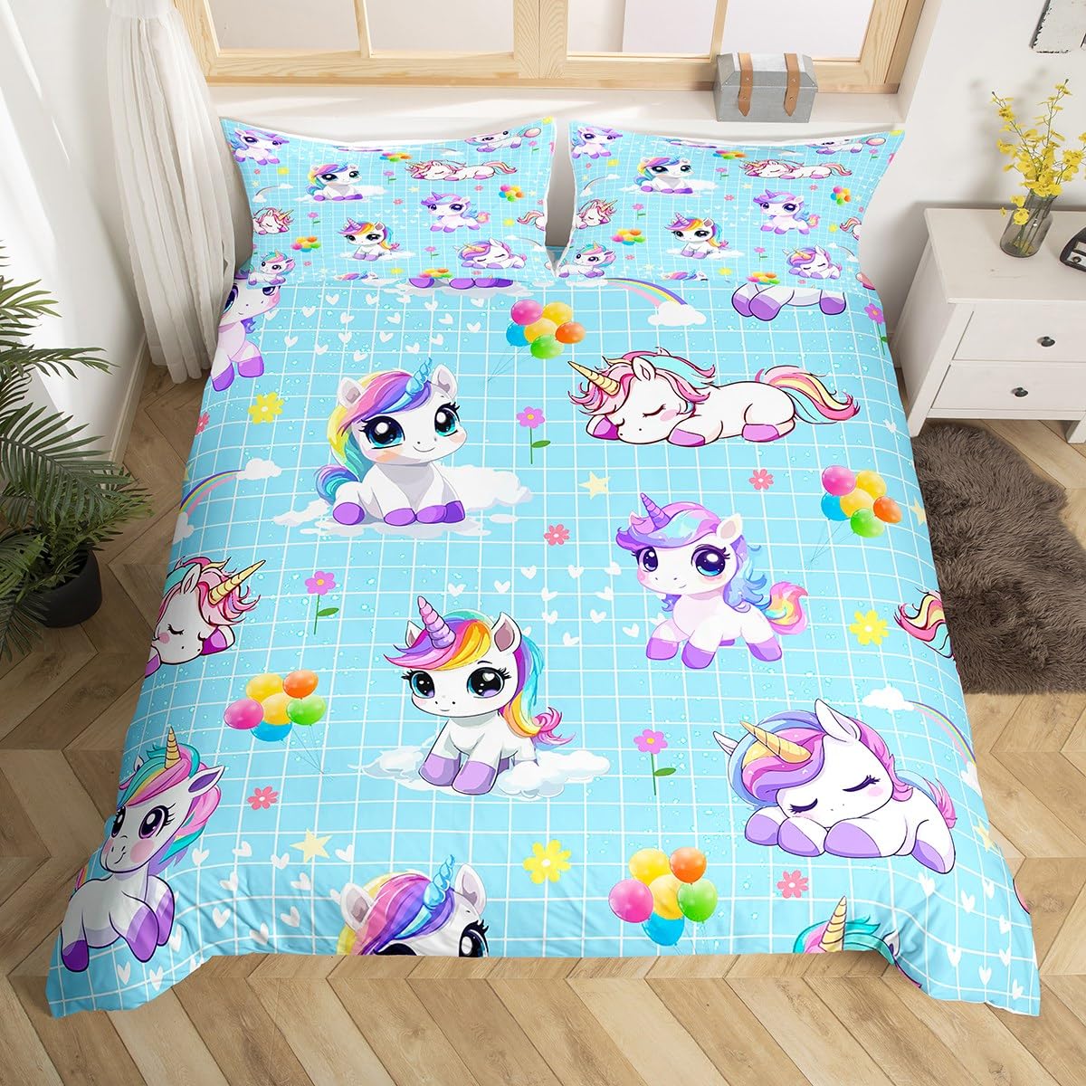 Parure de lit licorne et fleurs bleues pour chambre de fille cocooning