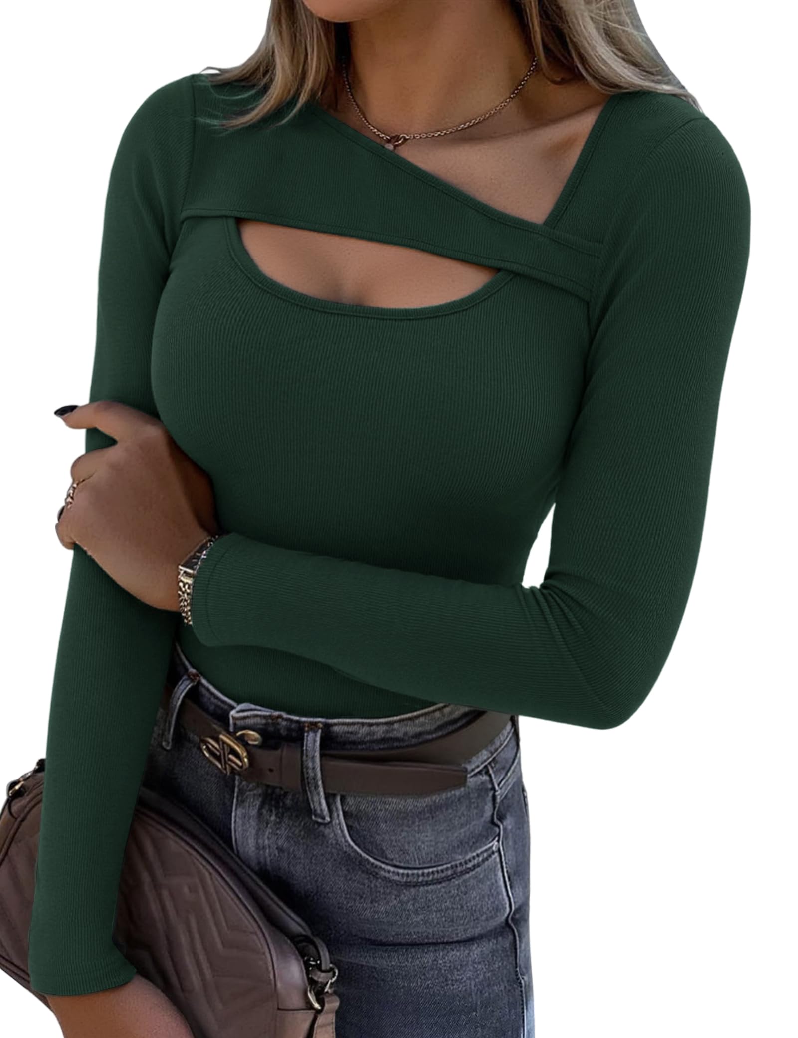 Aottori Damen Langarmshirt Asymmetrischer Ausschnitt Oberteile Langarm Gerippt Basic Tee Shirts Slim Fit Elegant Pullover Stretch Casual Tops Einfarbig