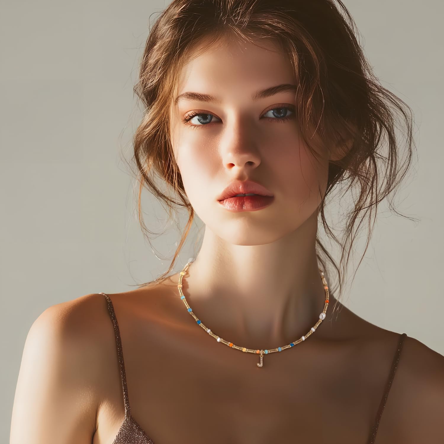 Initial Necklace for Women Trendy Colorful Beaded Choker Necklace 14k Gold Plated Letter Pendant Gold Jewelry - Image 2