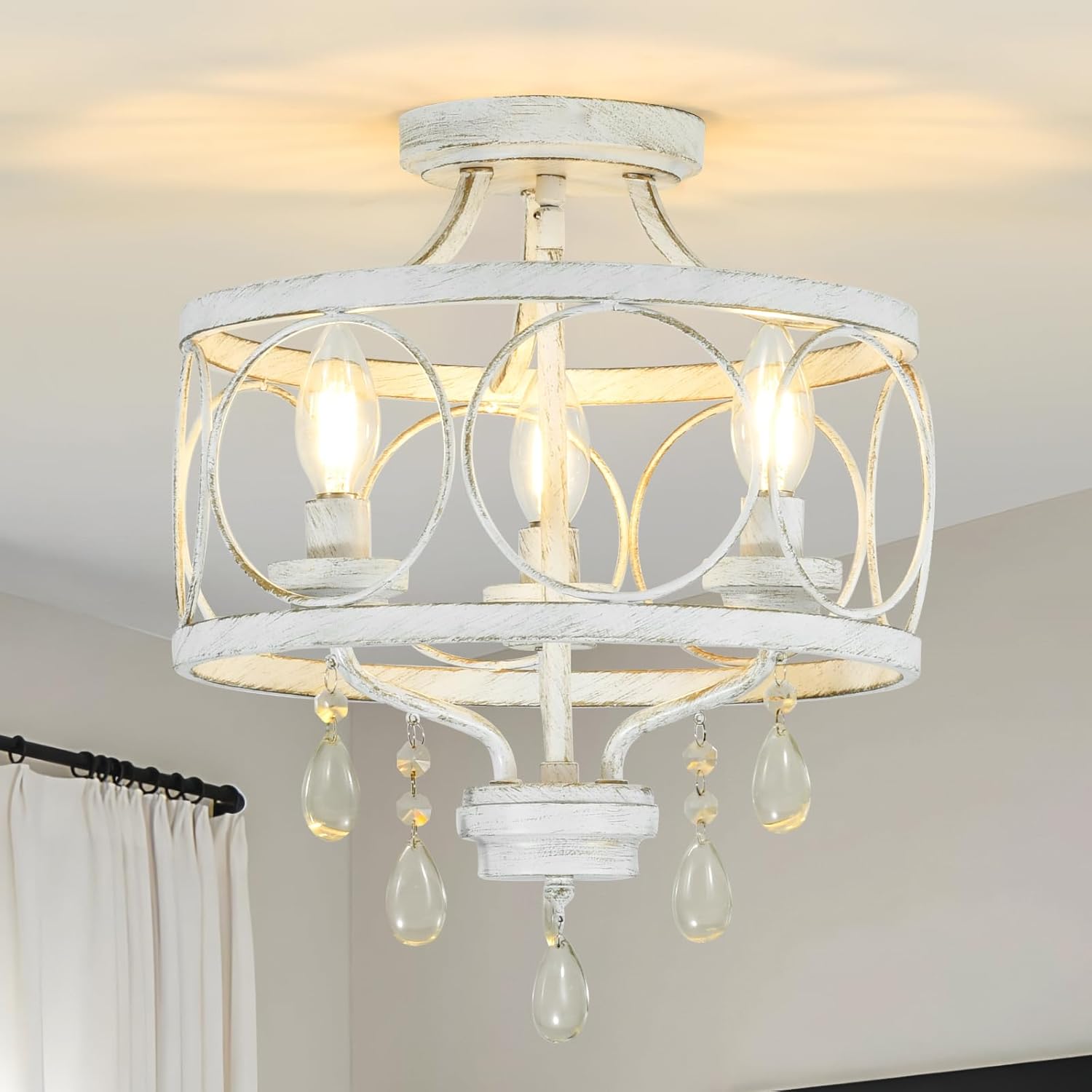 3-Light Modern White Crystal Chandelier, Farmhouse Ceiling Light Fixture, Hanging Metal Pendant Lights Kitchen Island Dining Room Entryway Foyer