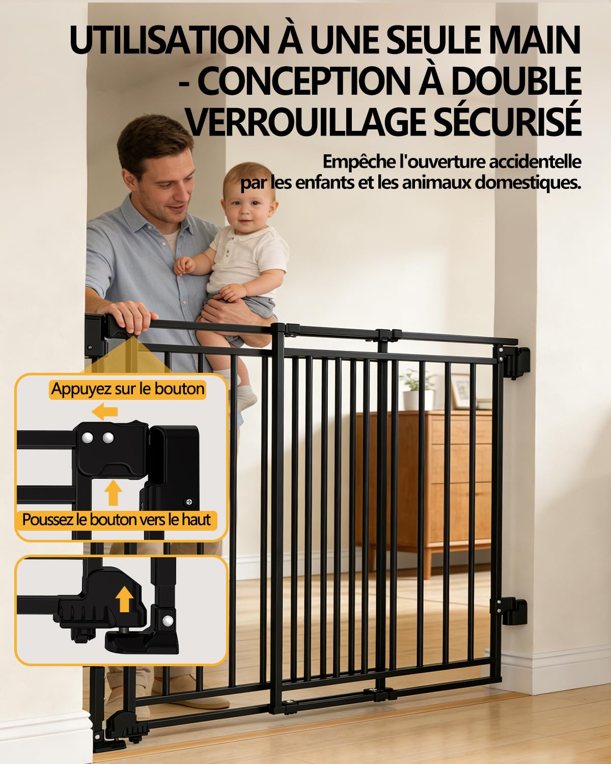 Barrera de seguridad infantil para escaleras, puertas y cocina, 26,4-43 pulgadas de ancho x 74 cm de alto, sin suelo, cierre automático con una sola mano, atornillado para perros y niños pequeños
