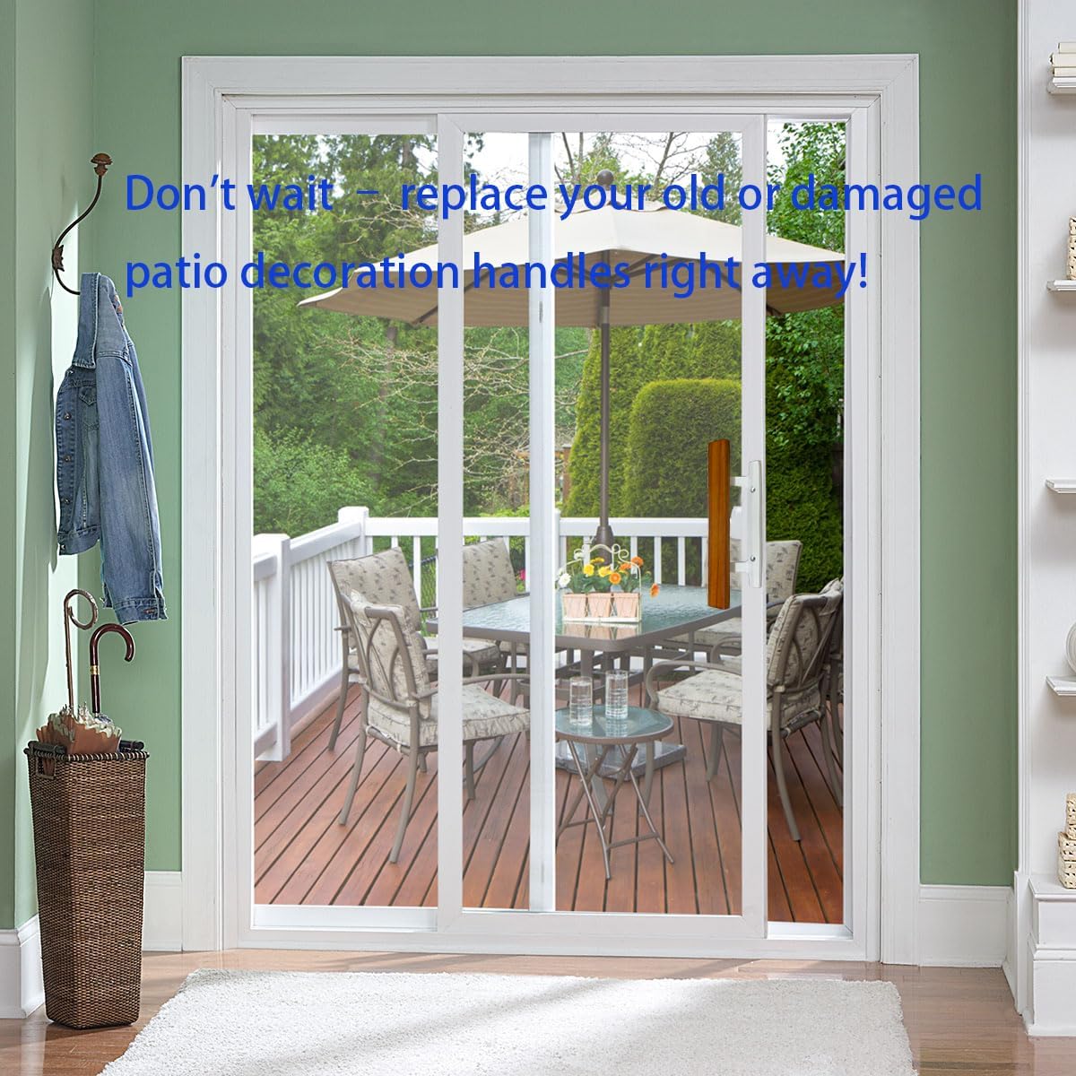 Reversible Sliding Glass Patio Door Handle Set Replacement, Oak Wood Interior Handle and Zinc Exteior Pull, Fits 3-15/16” Screw Hole Distance, White. (SDH-001W-1)