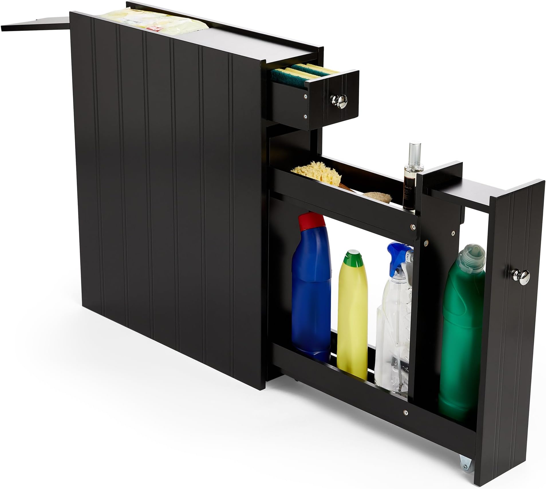 VonHausSlim Bathroom Storage Unit - Small Black Slimline Bathroom Cabinet, Tongue & Groove - Narrow & Compact Freestanding Bathroom Organiser - Drawer & Slide Out Shelving - for Laundry, Utility Room