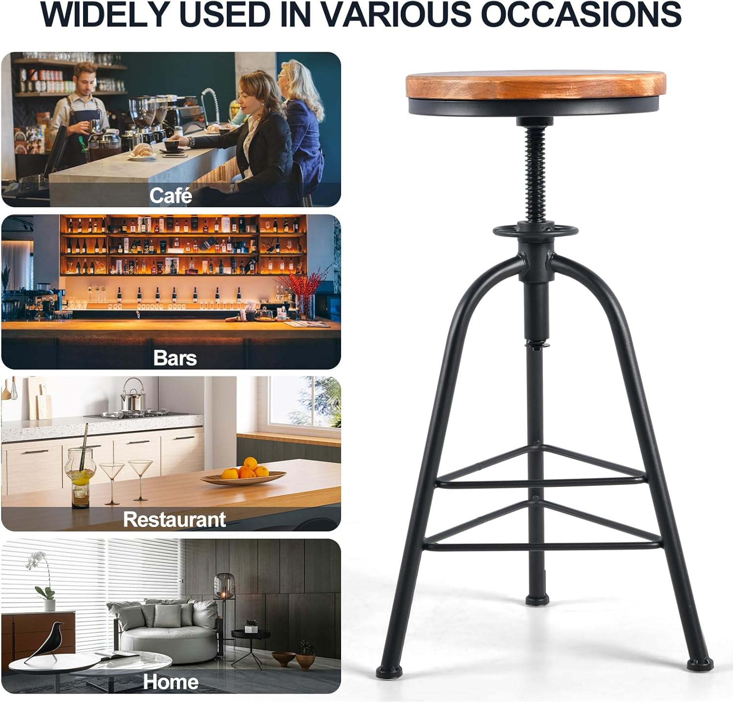 LOKKHAN Bar Stools, Set of 2 Solid Wood Metal Breakfast Stools, 24"-28.35" Barstools for Dining Room Kitchen Home Counter Bar Height Adjustable Swivel Round Seat 3 Legs, Black & Brown