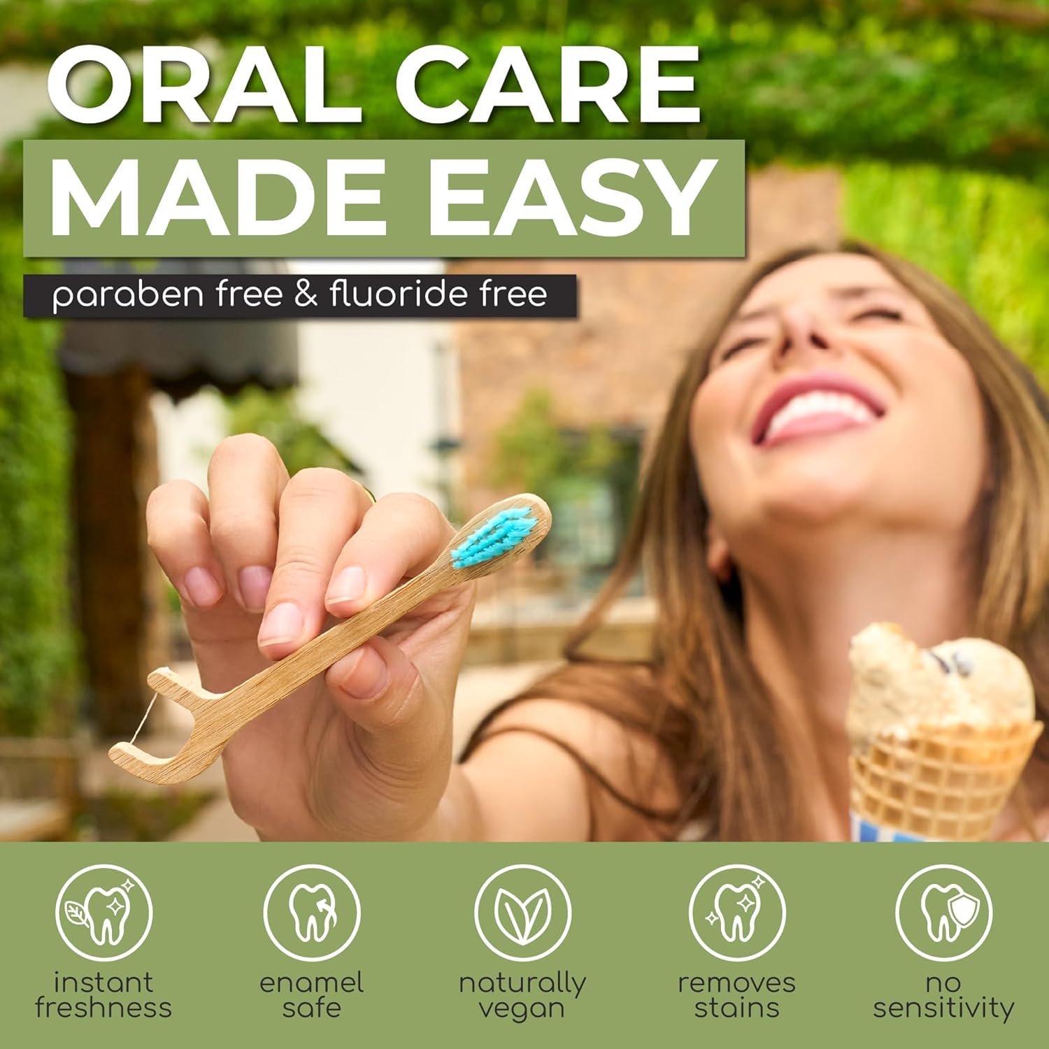 Brushee - Juego de 12 cepillos de dientes de bambú - Cepillo de dientes de viaje 3 en 1 con hilo dental - Cepillos de dientes desechables suaves y ecológicos con pasta de dientes con sabor a menta