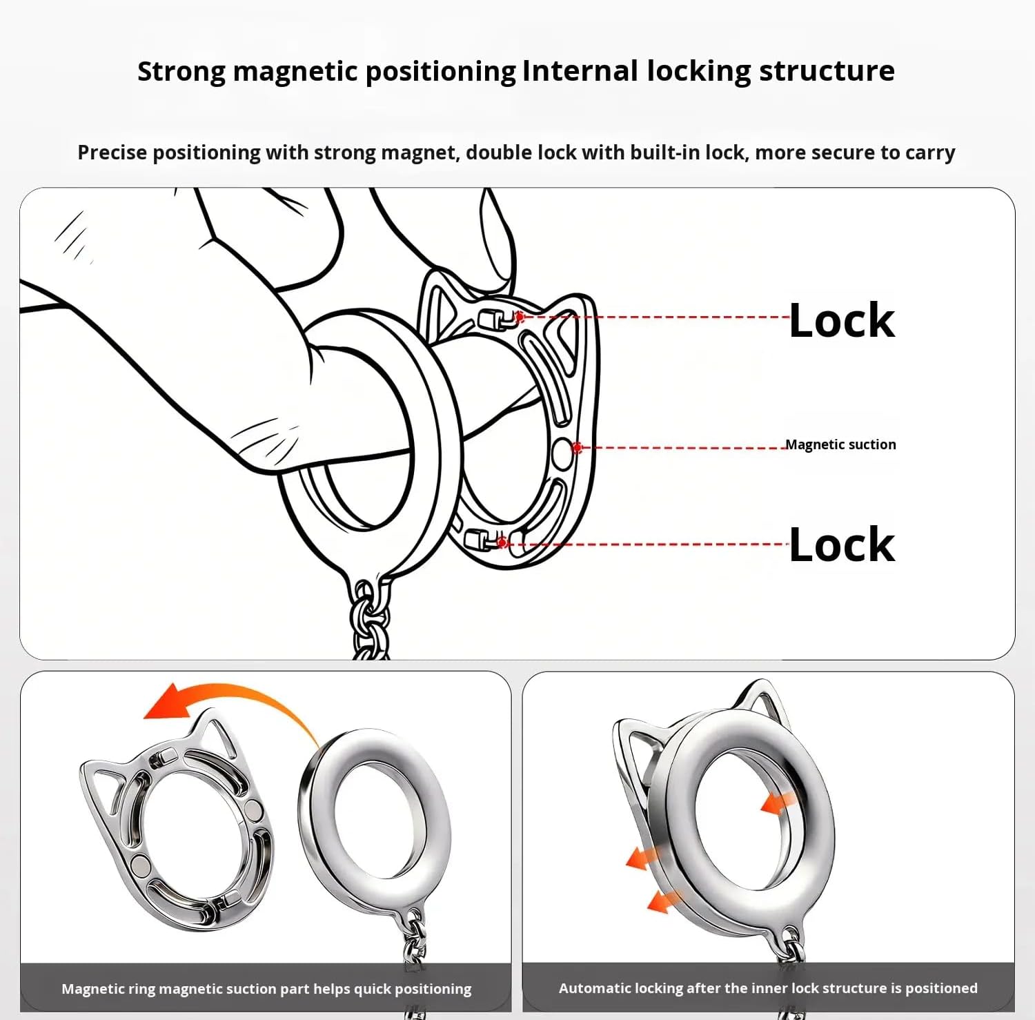 Magnetic Lock Quick Release Phone Strap Crossbody Chain with Anti-Slip Ring Holder Detachable Phone Lanyard for iPhone Samsung Anti-Drop Anti-Loss Strap with Steel Clip Durable Neck Cross Body Silver