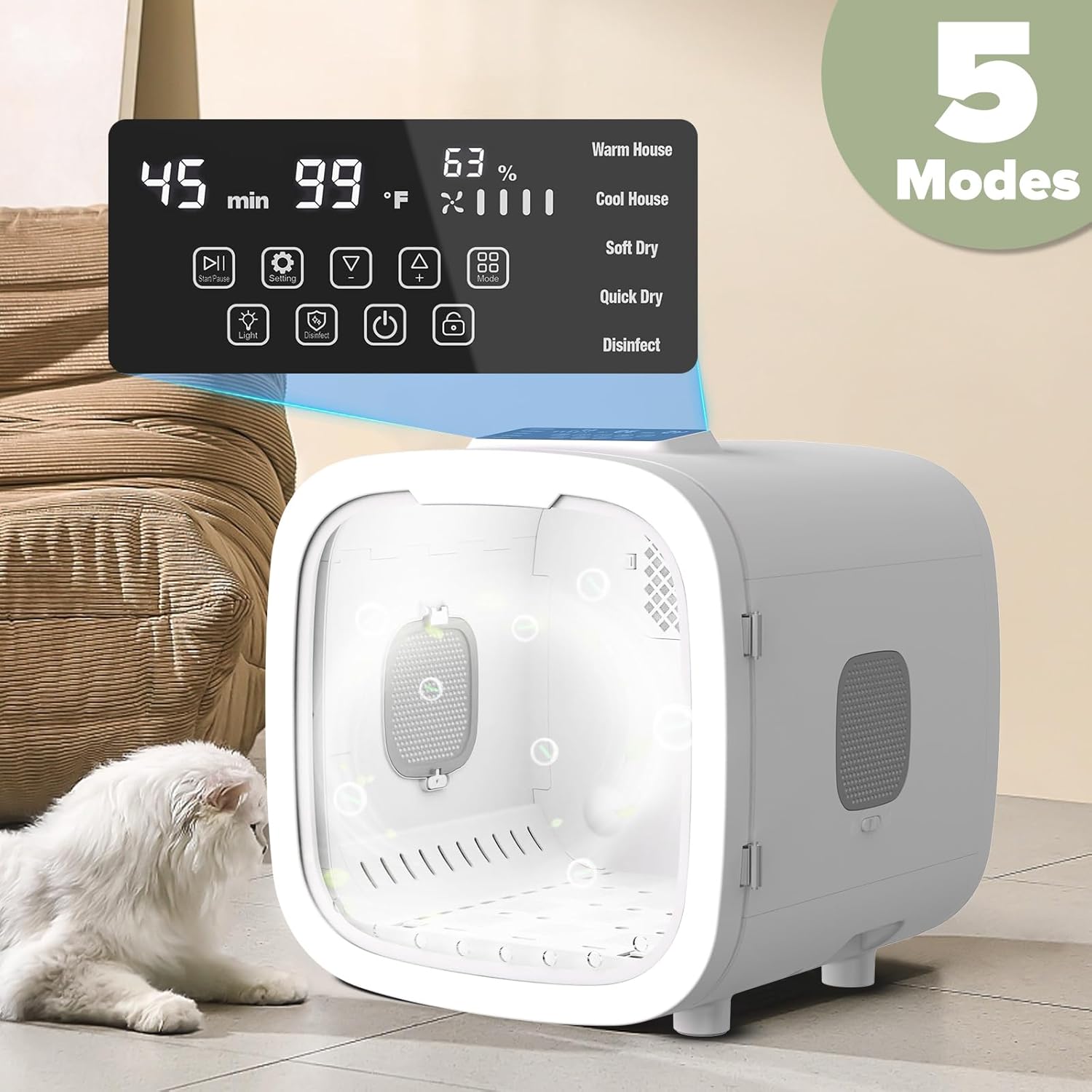 Kikihouse 52L Automatic Pet Dryer Box with 5 Modes, Hands-Free Pet Grooming Dryer for Cats & Dogs, Adjustable Temperature & Wind Speed, Low Noise, Safety Features, Timer & Interior Light