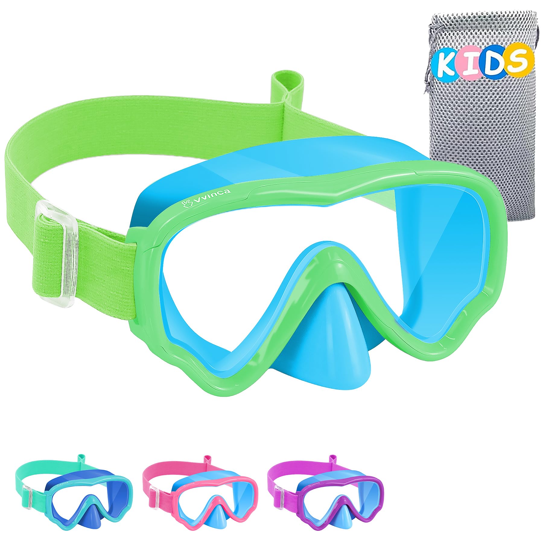 Vvinca Taucherbrille Kinder mit stoffband, Schwimmbrille Kinder für 3-14 Jahre Jungen Mädchen, Schnorchelmaske 180° Panorama Anti-Leck Tauchmaske
