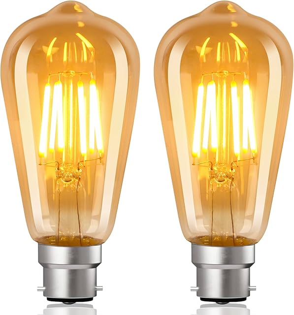 YUNRRD Vintage Light Bulb,6W B22 Bayonet Light Bulb,ST64 LED Edison Bulbs Amber Retro Style Energy Saving Filament Decorative Bulbs Warm White 2700K,600LM,220V(2 Packs)