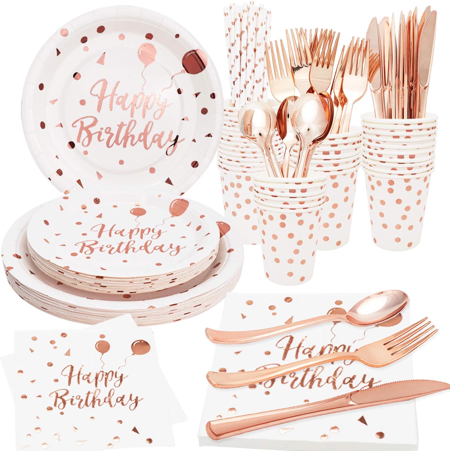 200 PCS Birthday Party Supplies Rose Gold Happy Birthday Plates and Napkins Set for rRose Gold Party Decorations, Serves 25
