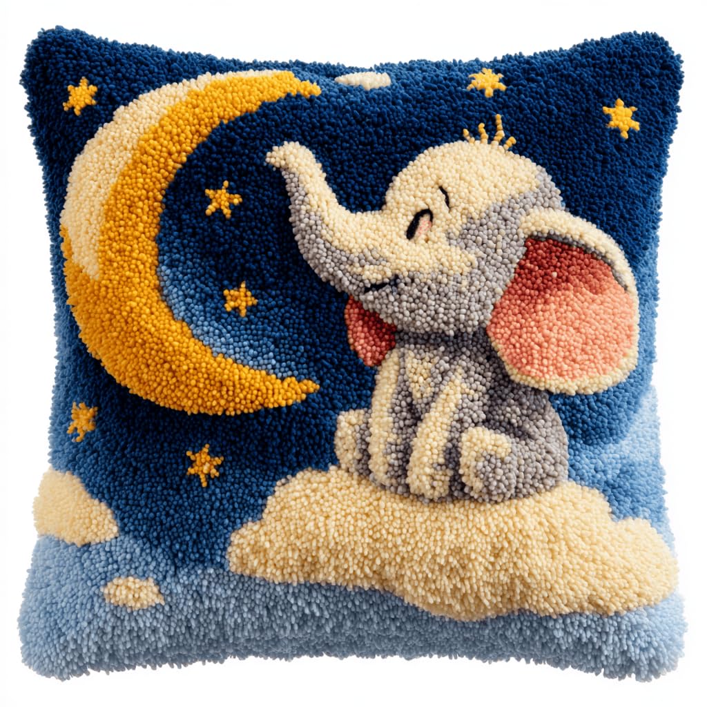 Taxpy DIY Latch Hook Pillow Cover Kits, Elephant and Moon Stamped Handamade Pillowcase Crochet Yarn Hook and Latch Emboridery Throw Pillow 43x43cm