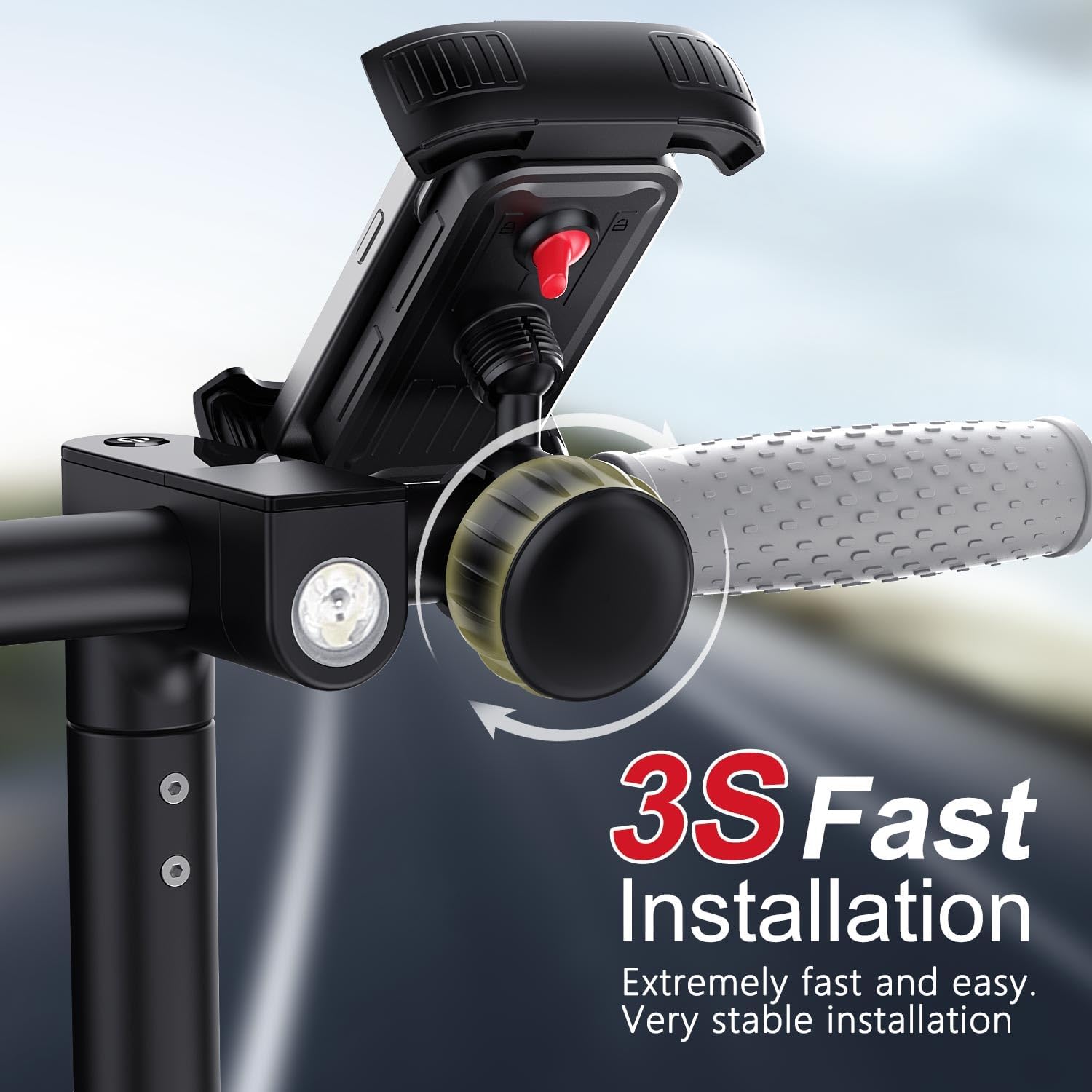 Illustration showing the 3-second fast installation process of the phone mount on a handlebar