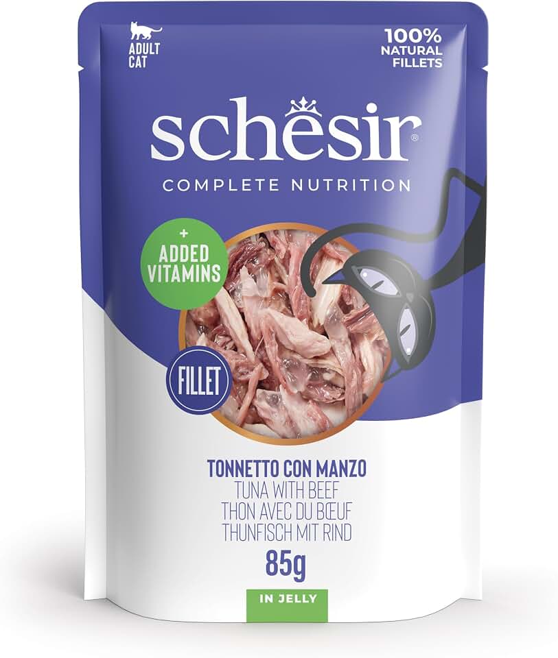 Schesir Atún con Ternera en Gelatina, Comida Húmeda Gatos, 100% Natural, 12 x 85g