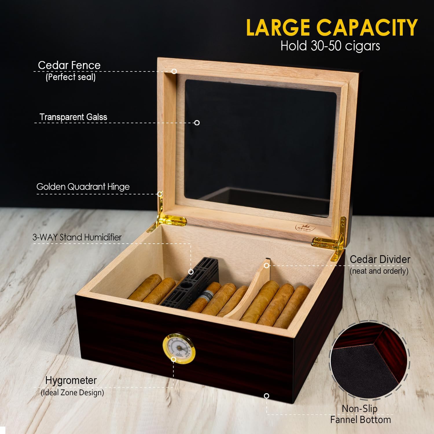 Slege Cigar Humidor,Humidor Cigar Box for Cuban Cigars,Glass-Top Humidor Spanish Cedar-Cigar Case,Humidifier,Divider,Hygrometer,Men's Gift,Cigar Accessories(30-50 Cigars) Black, Black~humidor