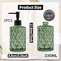 Vista 2 de Paquete de 2 dispensadores de jabón de vidrio verde de 12 onzas con bomba de plástico negro, botellas de jabón líquido recargables para manos, baño