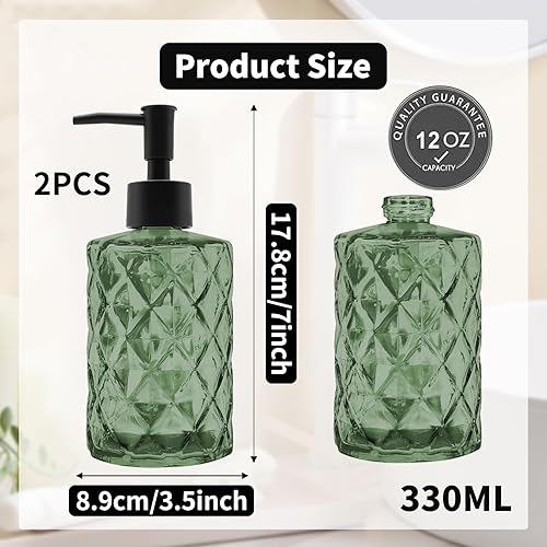 Miniatura 2 de Paquete de 2 dispensadores de jabón de vidrio verde de 12 onzas con bomba de plástico negro, botellas de jabón líquido recargables para manos, baño,