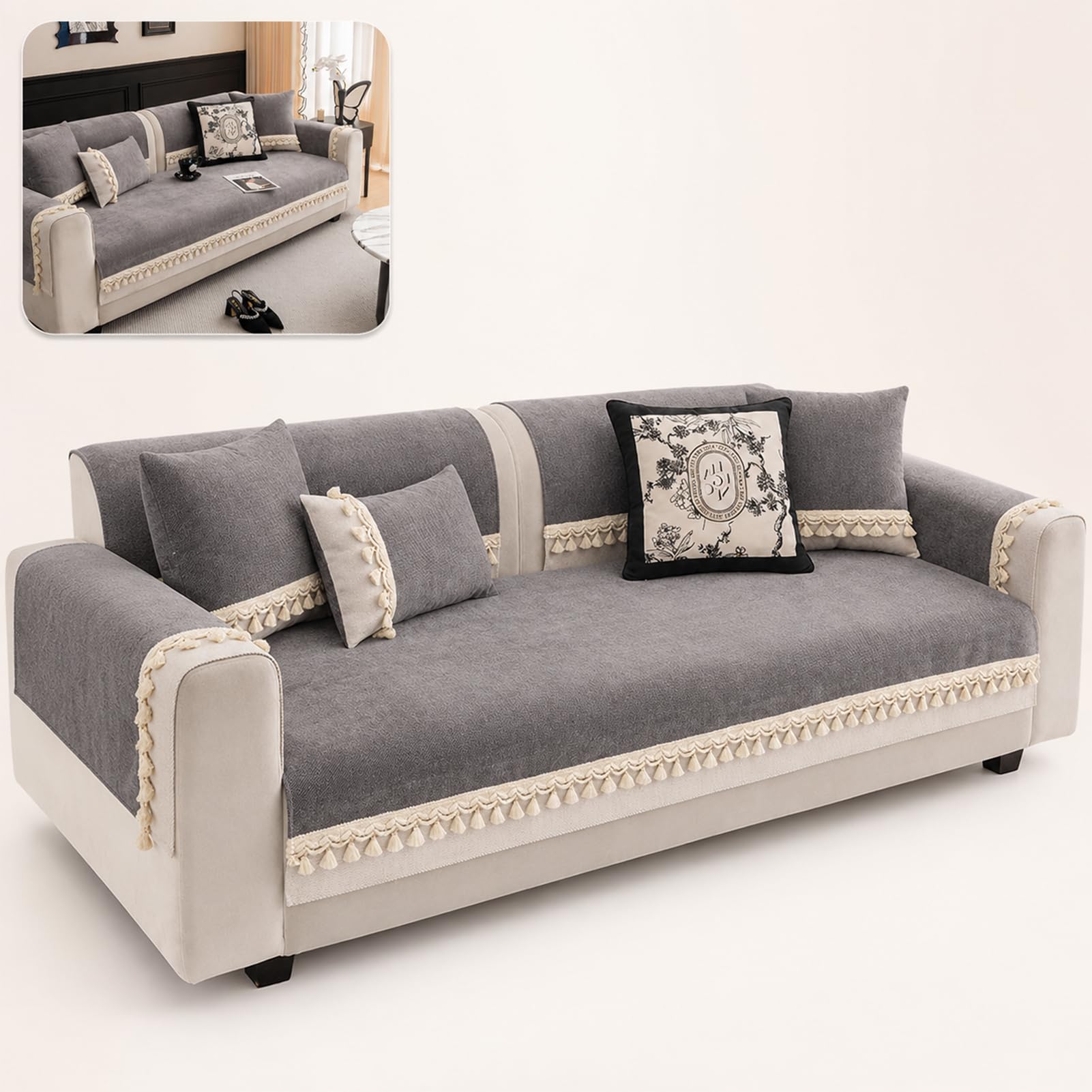 TJKK Sofa Cover 3 Seater, Corner Couch Cover L Shape, Couch Covers for Dogs, Washable Sofa Slipcovers,Thick - All Season Sectional (grey,90 * 90cm)