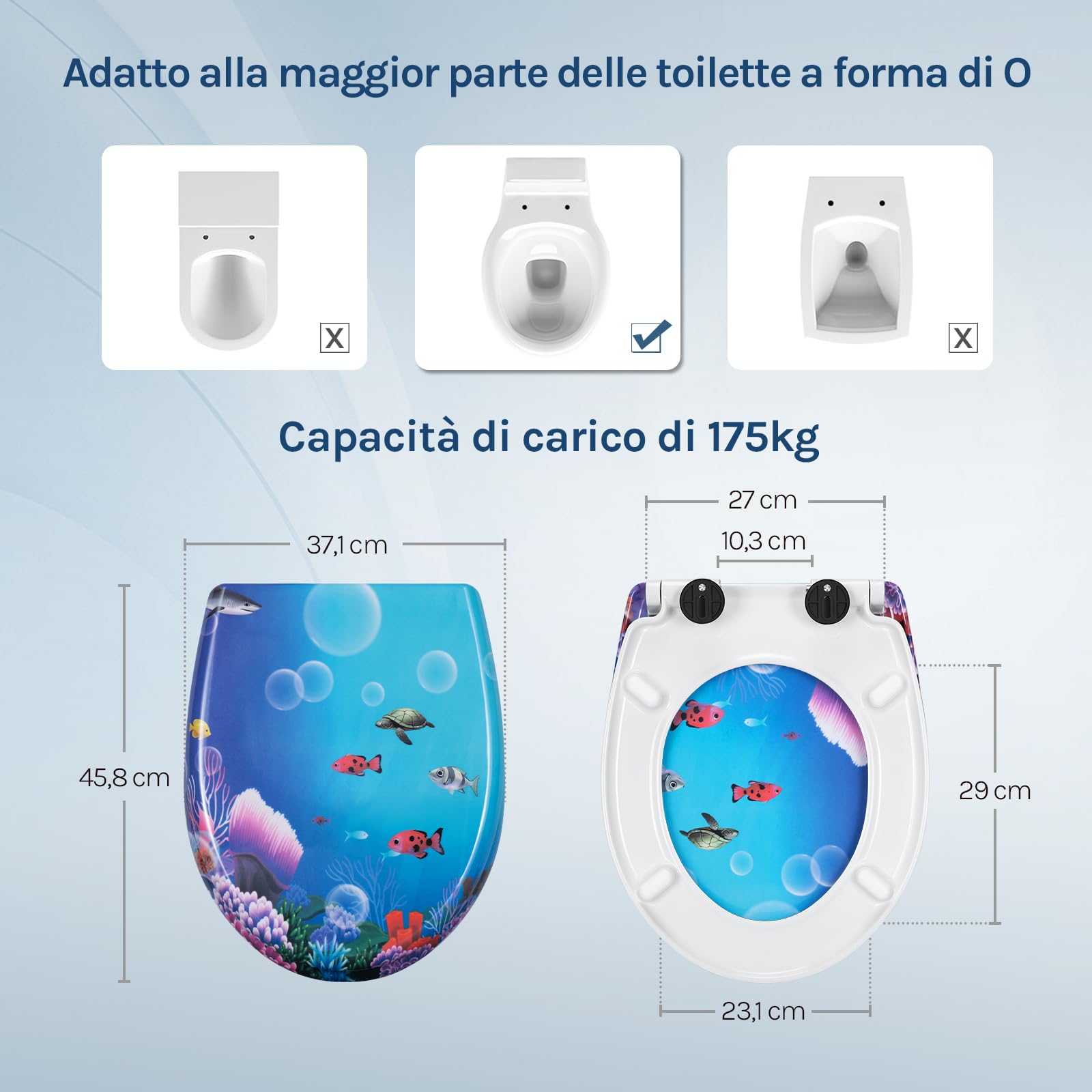 WOLTU Sedile WC con abbassamento automatico, motivo sedile WC con funzione Quick Release e, coperchio WC di alta qualità, in termoindurente, pesce