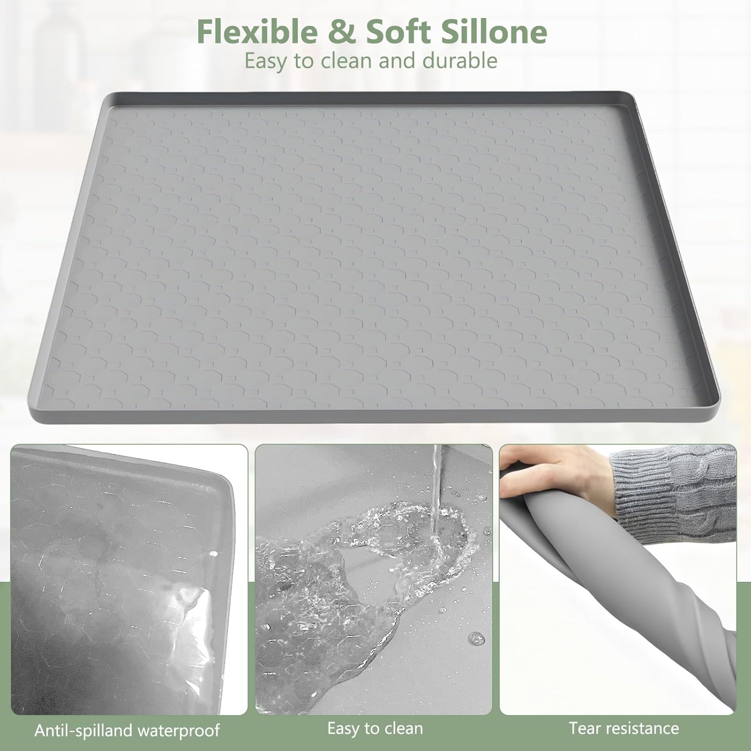 AKEfit Heat Resistant Silicone Mat, Non-Slip Waterproof Air Fryer Mat for Kitchen Countertops, Oven, AC,Stove Top & Dining Table Protection (Grey)