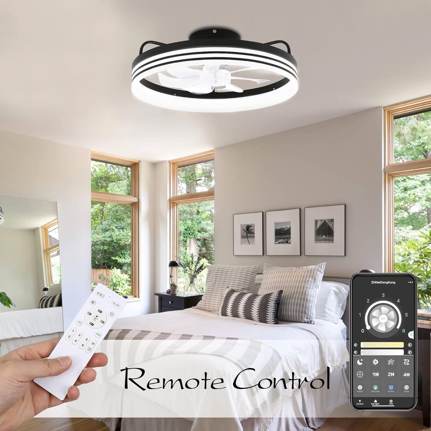 Bella Depot Ceiling Fans with Lights, Low Profile Ceiling Fan with Light, Flush Mount LED Ceiling Fan with Dimmable LED Lights, Reversible Blades, Timing, Smart APP Control for Bedroom (Black)