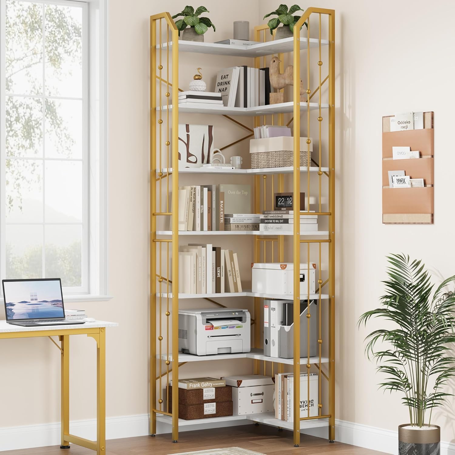 86" Industrial Corner Bookshelf, 7-Tier l-Shaped Bookcase with Beaded Design, Tall Storage Shelf for Living Room & Bedroom, Metal Frame & MDF