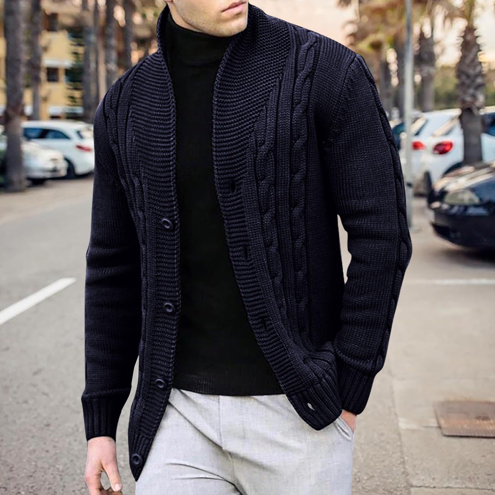 Genérico Cardigan Hombre Botones, Chaqueta De Punto Hombre Manga Larga Cárdigan De Punto Trenzado Casual Cuello De Chal Abotonado con Bolsillos para Otoño Invierno