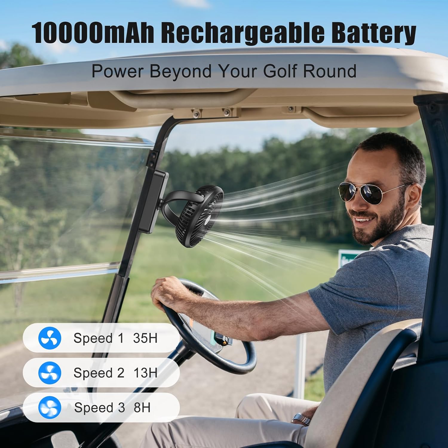 Fan mounted on a golf cart with battery life indicators