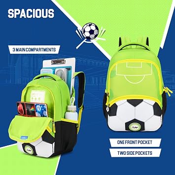 Skybags Buddy Plus Football School Backpack, Black Green, M, Modern