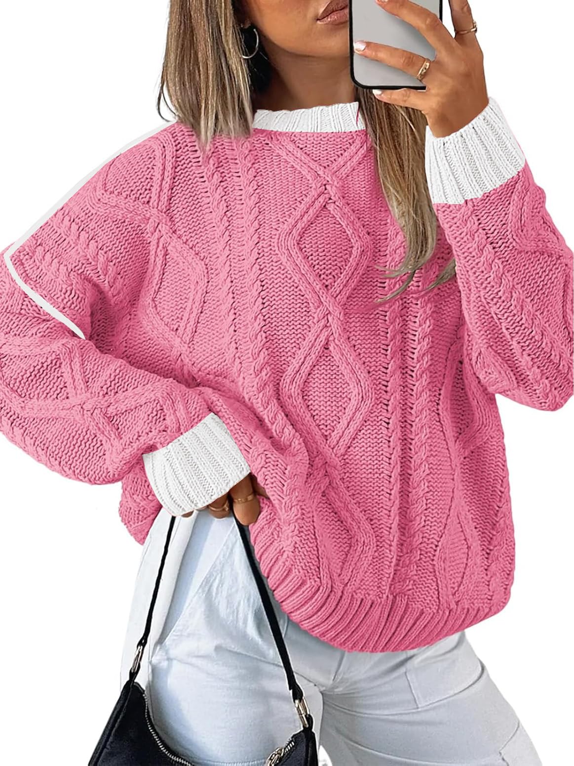 Disamer Womens Sweaters Oversized Cable Knit Sweater Fall Clothes 2025 Fashion Outfits Long Sleeve Crewneck Chunky Pullover