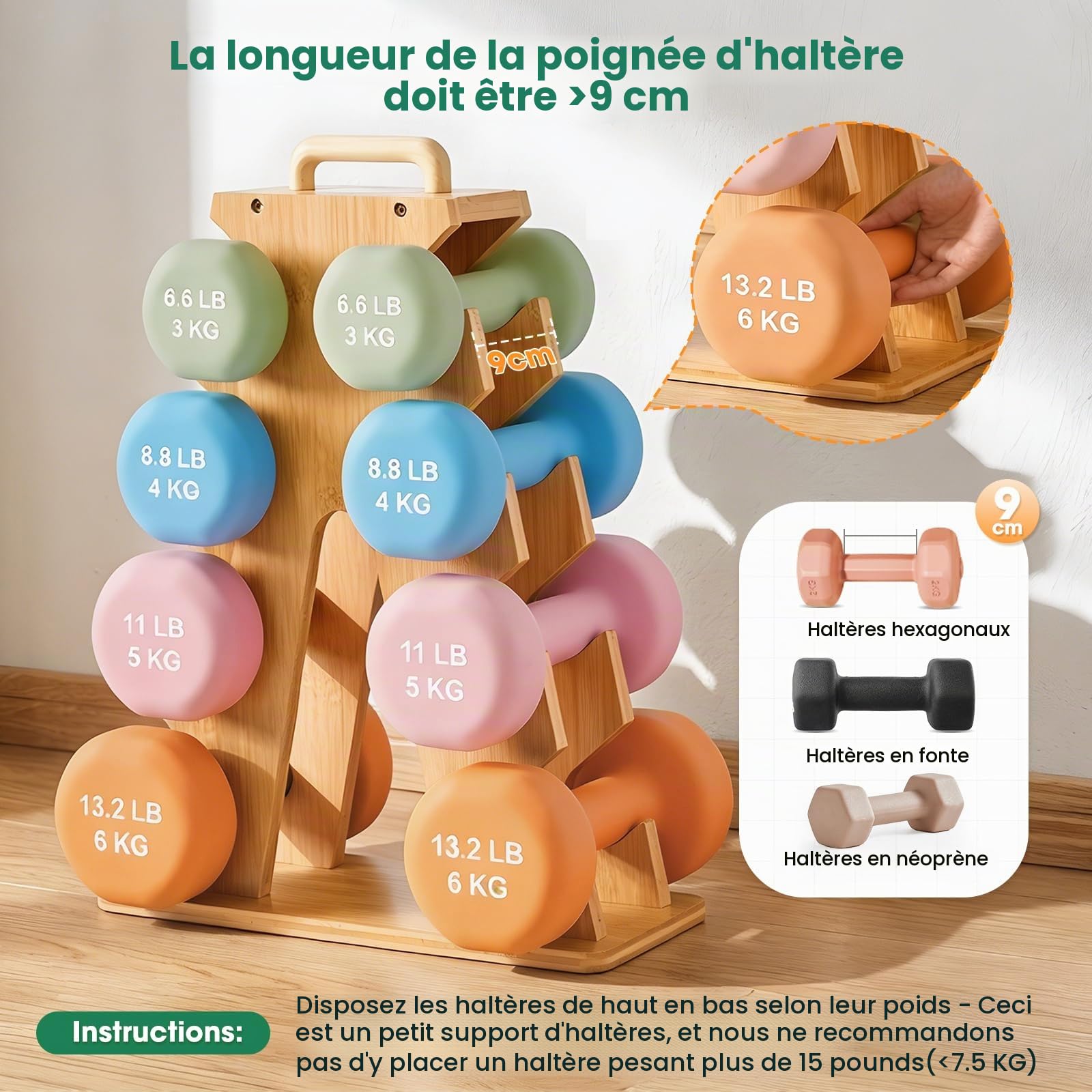 4 Niveaux Support d'Haltères, Support à Haltères, de Poids en Bois Compact Gym Stockage, Convient pour Ranger des Haltères de 3-7KG, pour le Bureau, la Salle de Sport, Salon, 35,5x14,5x46cm
