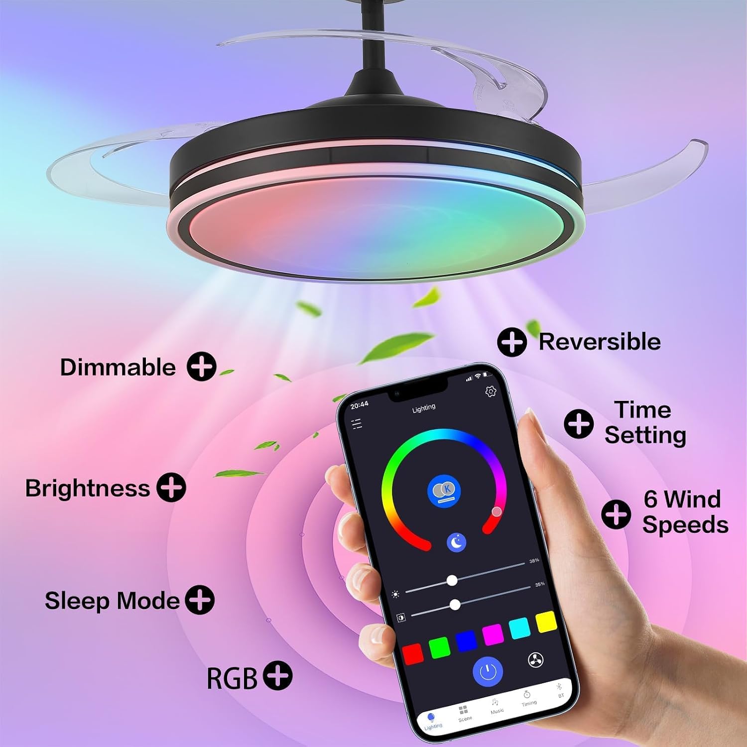 36" RGB Fandelier Light, Bluetooth Black Modern Ceiling Fan - 6 Speed Silent Reversible Blade, Remote/APP Control, Dimmable LED for Dining Living Room, Bedroom Kitchen