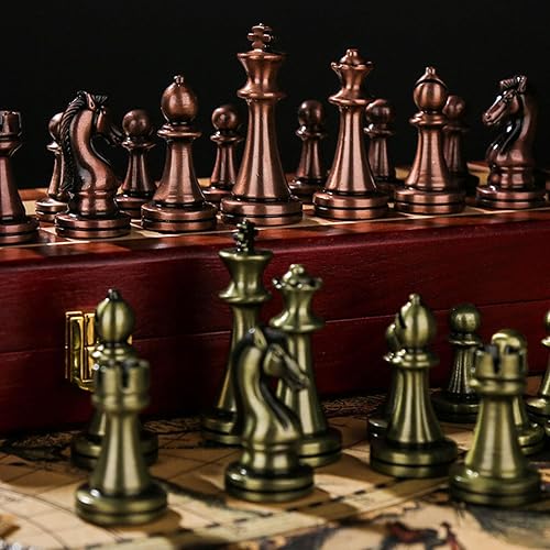 Miniatura 5 de Juego de ajedrez de metal retro de 12 pulgadas para adultos y niños, tablero de ajedrez de madera con piezas de ajedrez de metal, juego de ajedrez