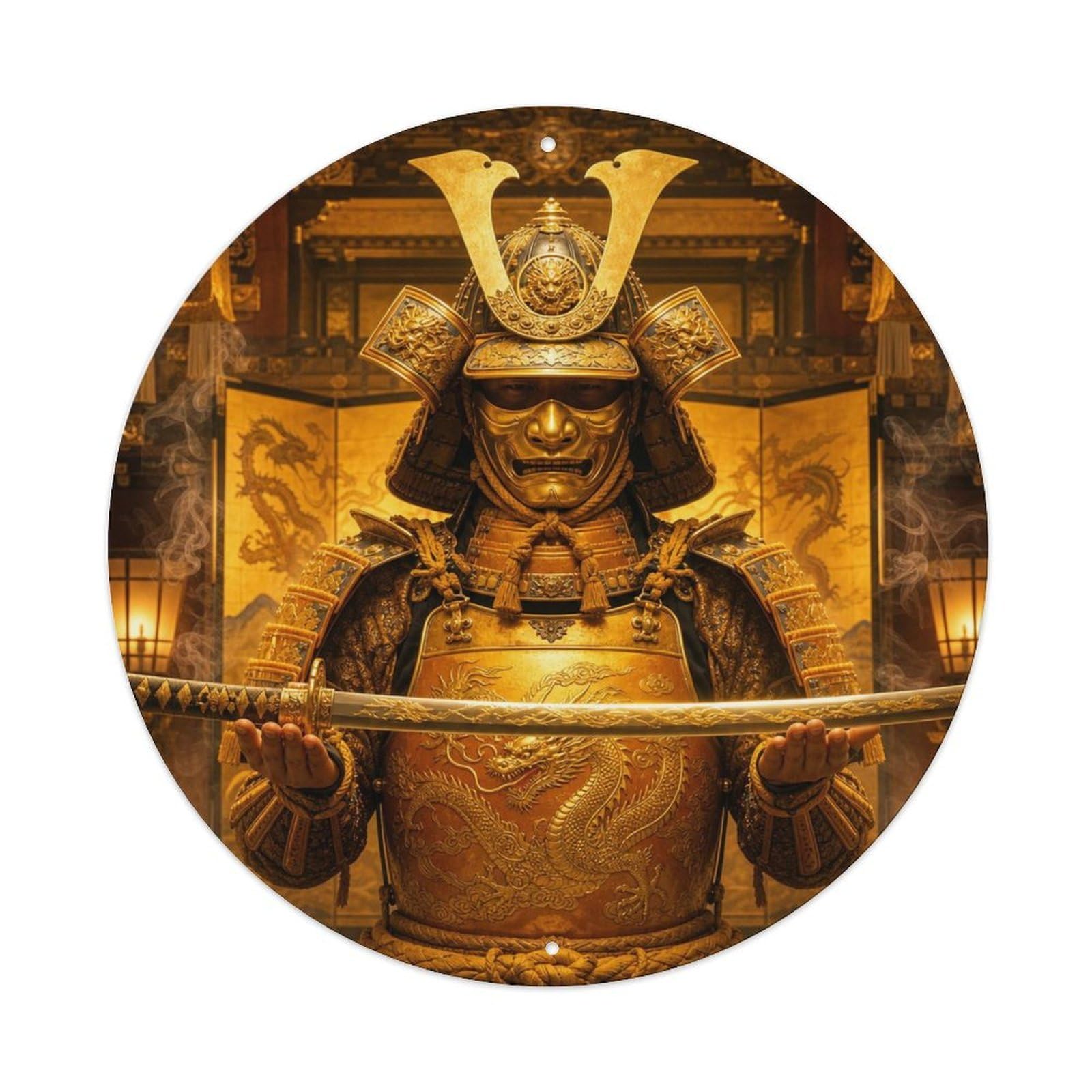 Okngb Style Masked Saffron Gold Ceremonial Sword Present Guard Mark Metal Tin Sign Plaque Wall Decor For Cafe, Man Cave, Club Bar, Office, Home Garden Round Metal Poster 8X8inch