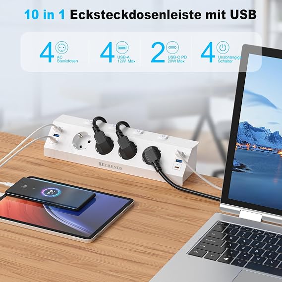 Table Socket Clampable 4-Way Individually Switchable USB C PD 20 W