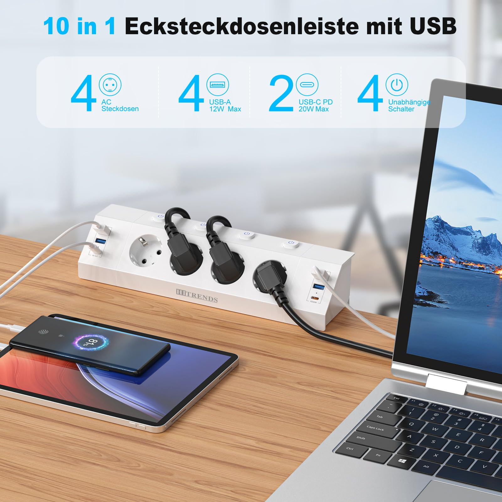 Regleta de mesa de 4 enchufes con USB C (PD 20 W), regleta de esquina para escritorio, conmutable individualmente, enchufe de escritorio, enchufe de mesa, con cable de 3 m, color blanco